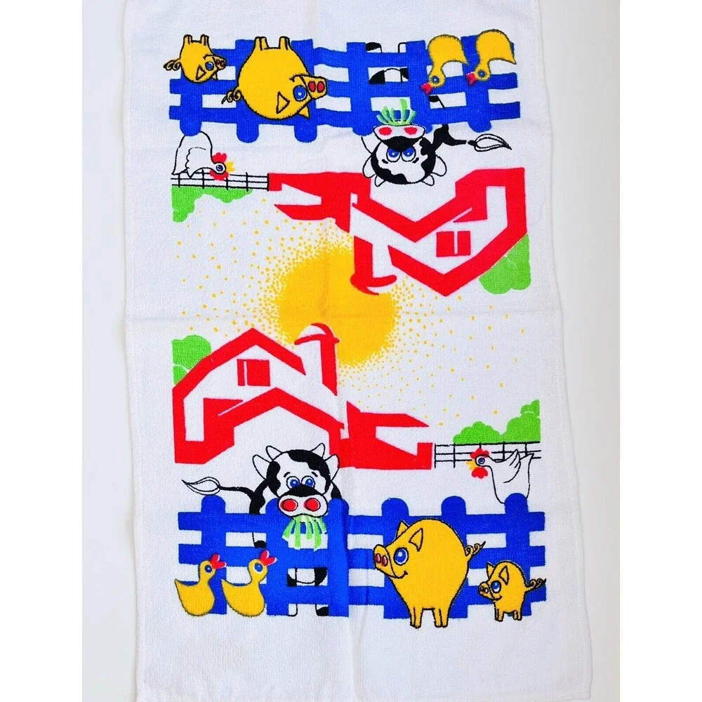 New Lot of 4 Vintage Printed Towels Farm Pig Duck Cow 100% Cotton 28”x 17”